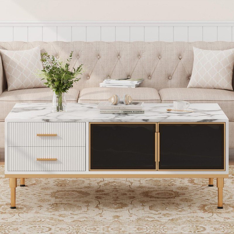 Table basse, table basse moderne pour le salon avec 4 tiroirs, armoires vitrées, conception de panneau cannelé en faux marbre, solution de rangement élégante