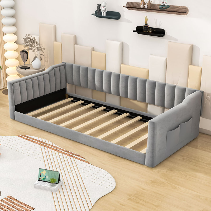 Wood Daybed with Slats and Storage Pocket, Gray, Twin Extra-Long