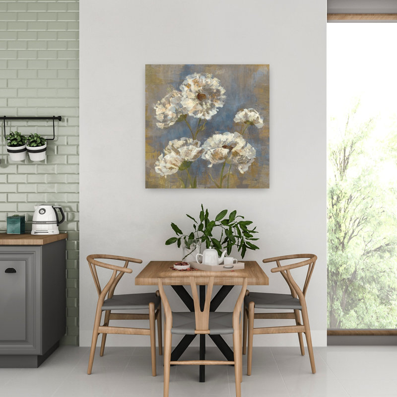 Fleurs contemporaines en rosée du matin I avec art floral beige, H 32 po x l 32 po