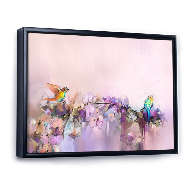 Pinceau, oiseaux mauves et beiges - reproduction encadrée sur toile, H 30 po x l 40 po x P 1,5 po, Cadre flottant noir