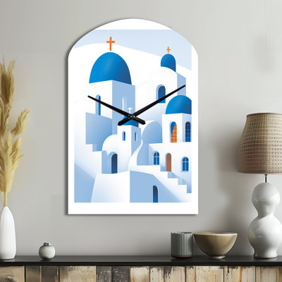 Greek Santorini Odyssey IV - Greece Arch Metal Wall Clock, Blue Asymmetrical Clock Print