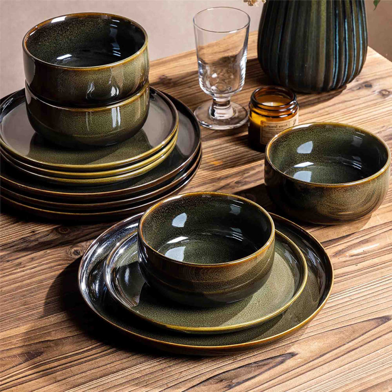 Services de vaisselle en céramique, ensemble de vaisselle 12 pièces, Vert olive