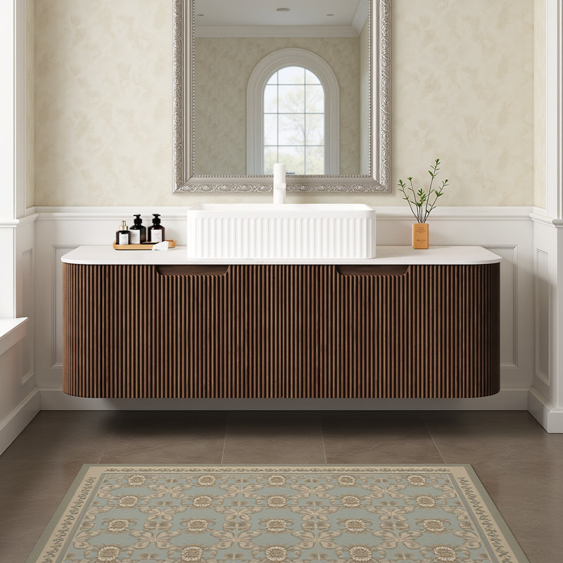 Meuble-lavabo flottant 48 po - Lavabo rectangulaire en céramique et armoire en noyer foncé (sans robinet), Brun, 48", Blanc