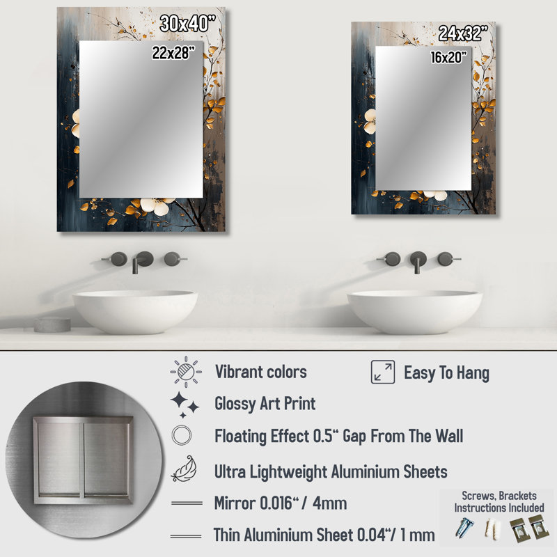 Fleurs de cerisier en fleurs blanc doré I - miroir cerisier en fleurs, art mural en métal imprimé, 32 po x 24 po