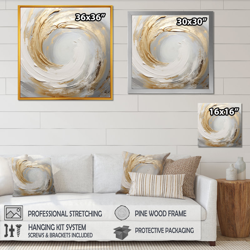 Vortex doux doré et blanc III - spirales abstraites, impressions sur toile, H 36 po x l 36 po x P 1,5 po, Cadre doré simple