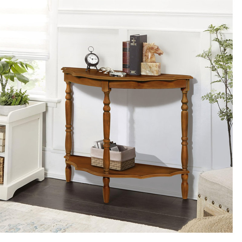 Console demi-lune circulaire rétro avec plateau et pieds en bois massif, Brun