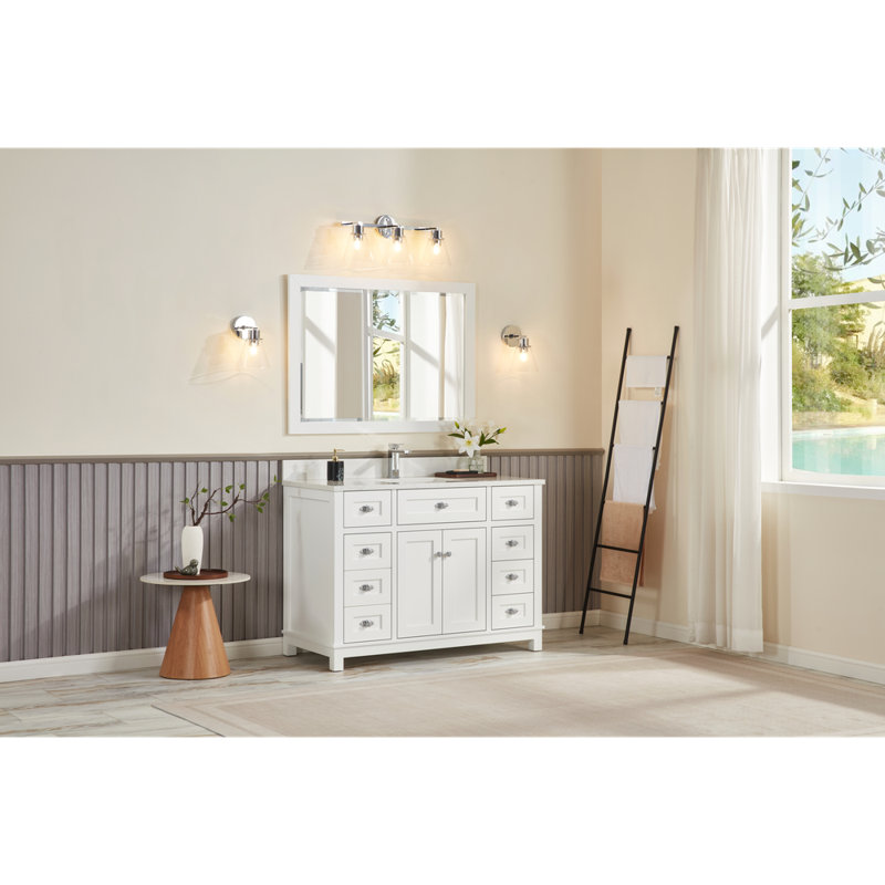 48" Solid Wood Sink Vanity With 1' Artificial Stone Top, Polished Chrome, White