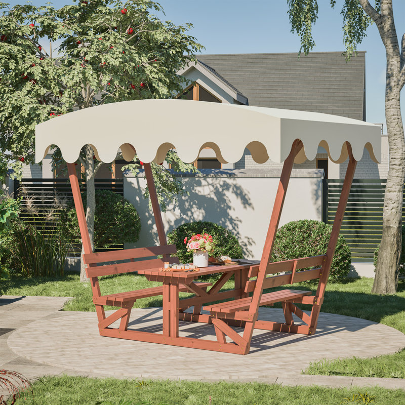 Outdoor Solid Wood Picnic Table And Bench Set With Removable Canopy - Suitable For All-Weather Patios, Gardens, Decks, Parks, Beaches