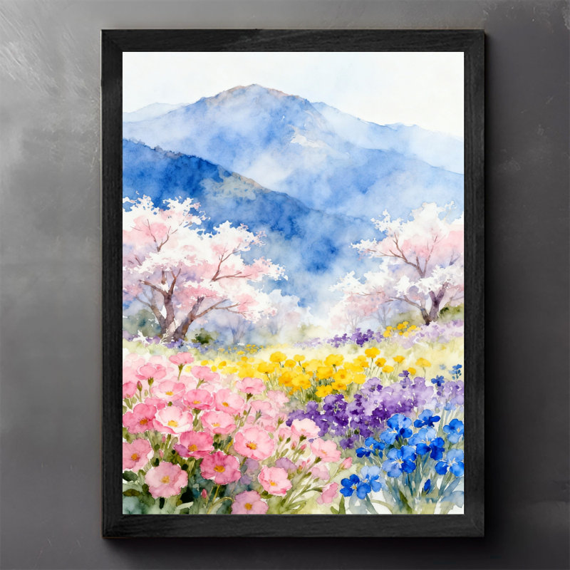 Reproduction d'art encadrée noire à l'aquarelle d'une mer de fleurs au printemps, H 11 po x l 9 po