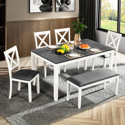 Ensemble de salle à manger 6 places avec banc, gris et blanc, pieds en bois d'hévéa, plateau imperméable, chaises confortables, table moderne gain de place, coussins en lin bicolores blancs, pieds antidérapants, forme rectangulaire