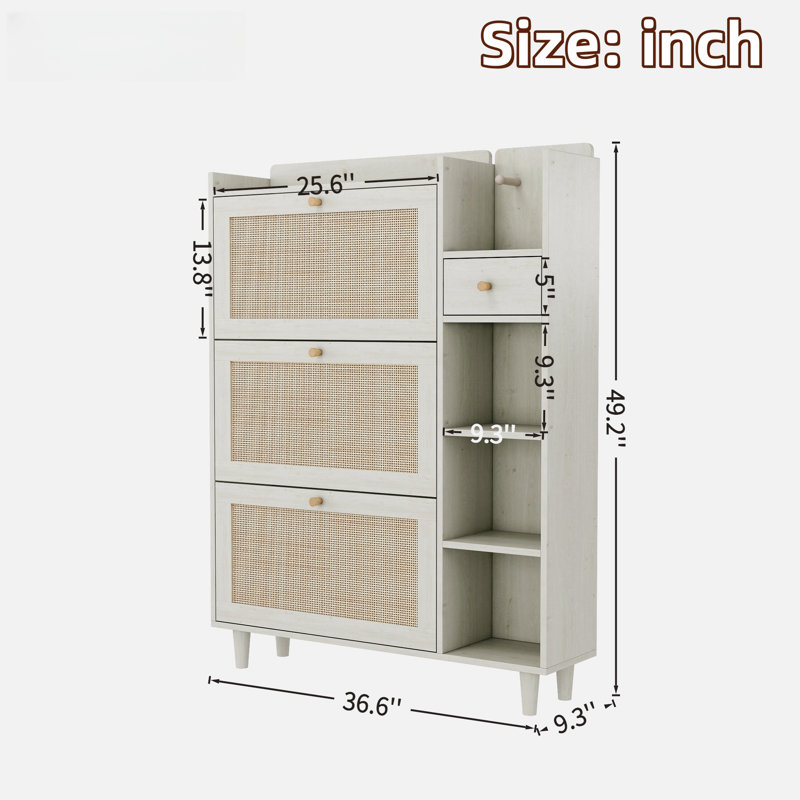 Bohemia Style Shoe Cabinet With 3 Rattan Flip Drawers, 3 Square Shelves And 1 Storage Drawer And Key Hooks, Antique White