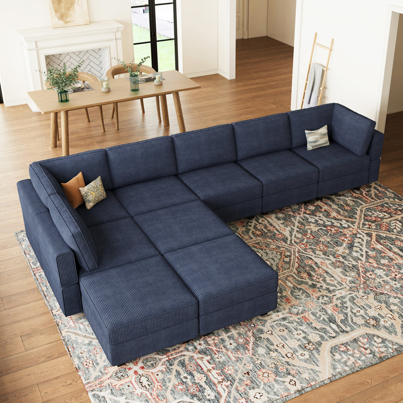 Canapé modulaire en velours réversible 9 pièces avec rangement Wylodene, Velours côtelé bleu
