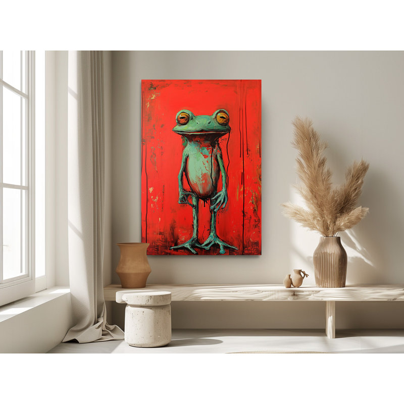 Drôle de grenouille sur fond rouge, H 24 po x l 16 po