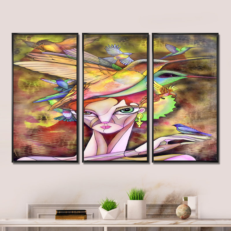 «Modern Cubist Portrait Of Girl II», ensemble de 3 impressions sur toile à cadre flottant, H 28 po x l 36 po x P 1 po