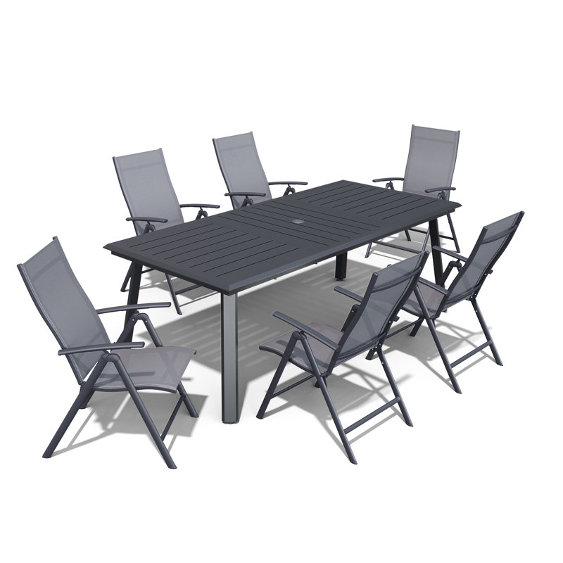 6 - Person Outdoor Dining Set with Adjustable Folding Chairs and Umbrella Hole, Black/Gray