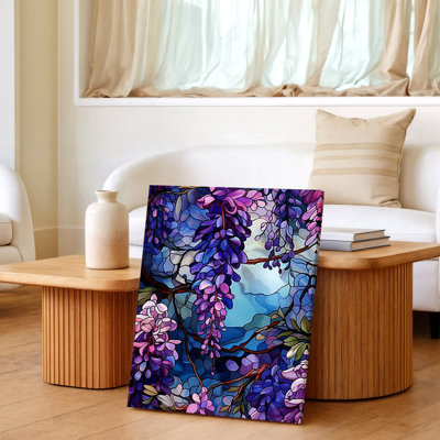 Purple Wisteria Flower Stained Glass Style Floral Nature Canvas Wall Art Print, Decorative Contemporary Floral Botanical Artwork for Living Room Bedroom Office Hallway Apartment Gallery Wall Home Decor