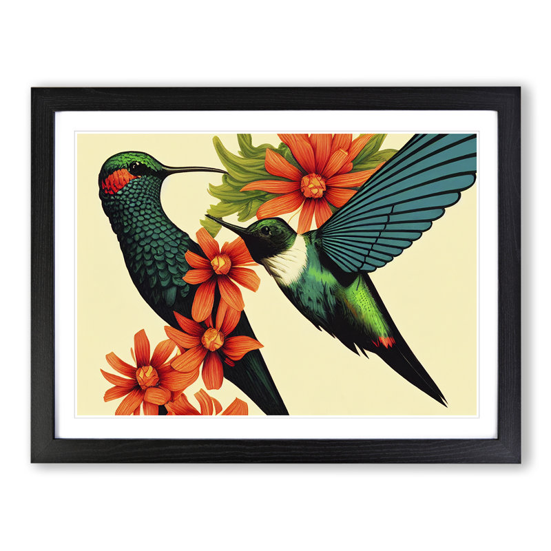 Artistic Floral Hummingbirds - Single Picture Frame Print, 46cm H x 64cm W x 2cm D, Black Framed
