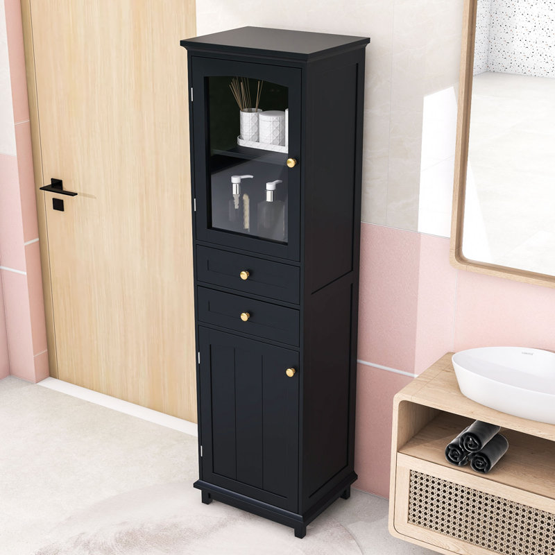 Grande armoire de salle de bain avec portes en verre, tablettes réglables et 2 tiroirs, Noir, noir, noir, noir