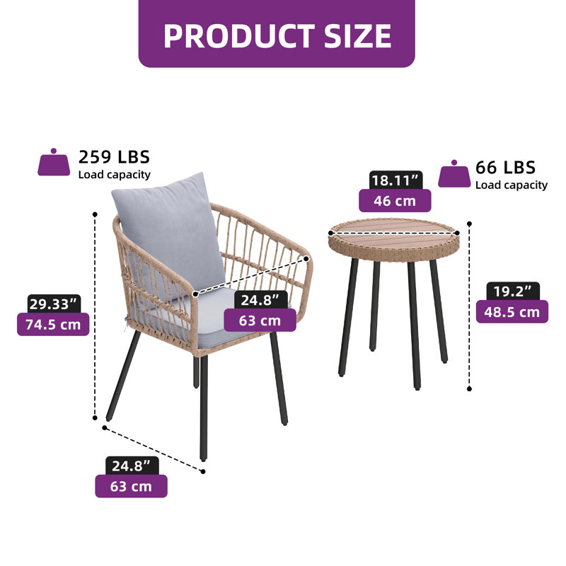 Catilyn 3 Piece Seating Group with Cushions, Light Brown Frame/Gray Cushion