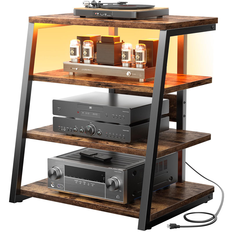4-Tier AV Media Stand with Power Strips, Rustic Brown
