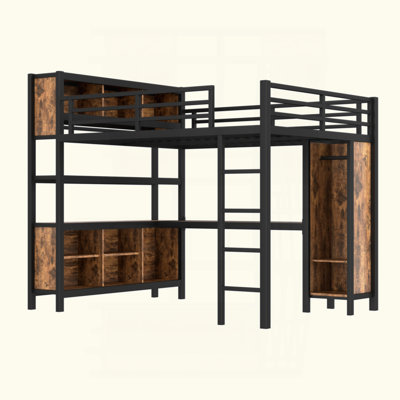Metal Loft Bed With Wardrobe And L-Shaped Desk, Loft Bed With Storage Cubes And Shelves, Heavy Duty Loft Bed For Kids Teens Adults by 17 Stories