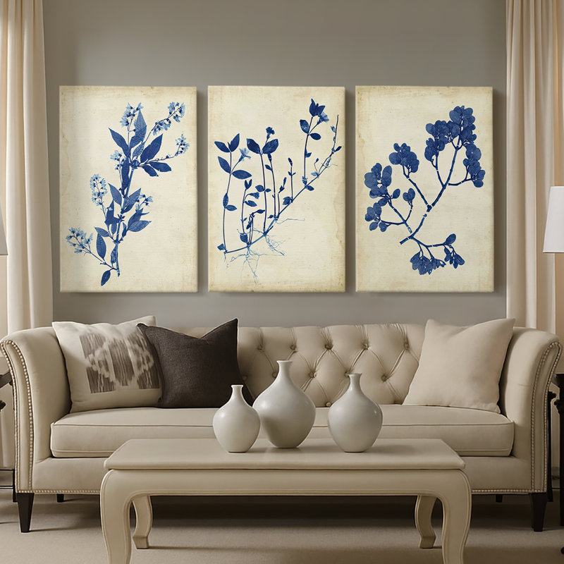 Indigo Leaf Study I - Toile tendue avec châssis sur mesure - 3 pièces, H 27 po x l 54 po