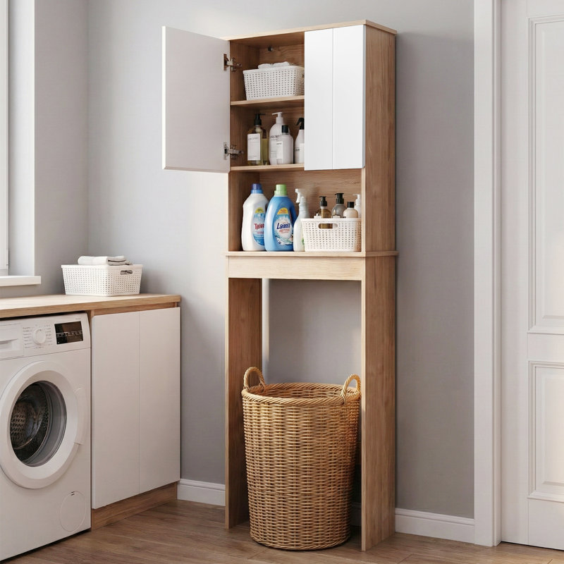 Armoire de rangement au-dessus de la toilette H 70,5 po, organisateur de salle de bain bicolore bois / blanc avec portes asymétriques à fermeture en douceur et base réglable à 5 positions