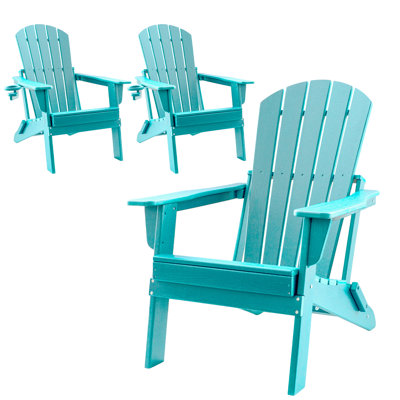 HDPE Folding Adirondack Chair With Cup Holder,Weather-Resistant, Low Maintenance,Supports Up To 400Lbs,,3Pack