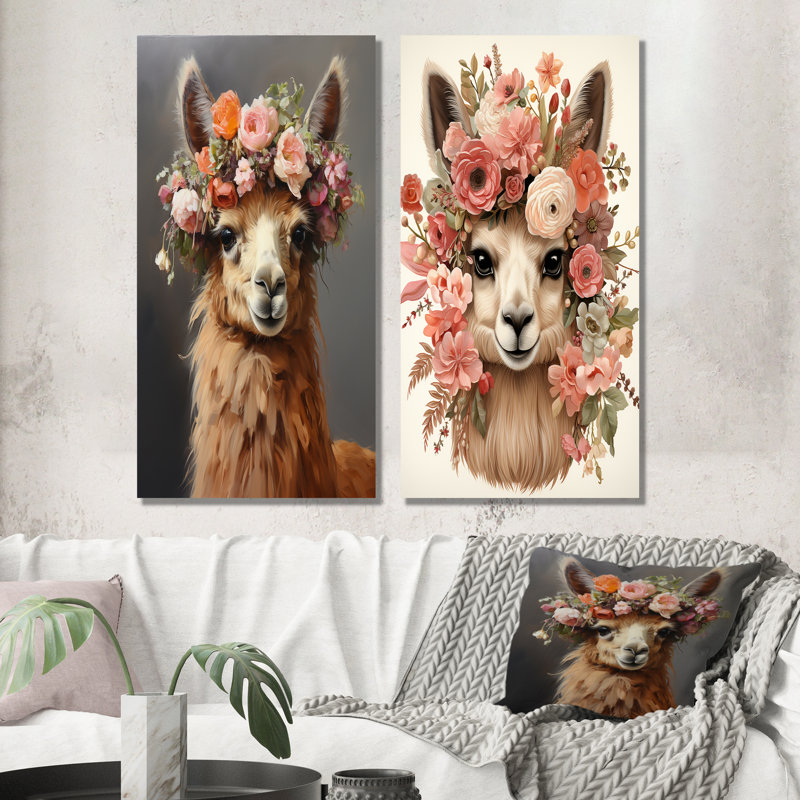 Flower Crown Llama Wonder I - ensemble de 2 décorations murales en métal, H 32 po x l 32 po