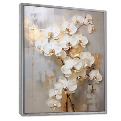 Minimalism Beige And Gold Orchids IV - Orchid Framed Canvas Print