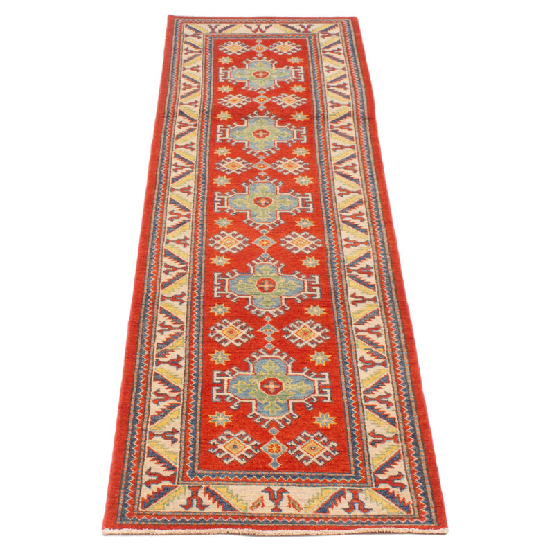 Tapis de couloir unique en laine noué à la main 2 pi 6 po x 9 pi 8 po Aanika en crème / bleu clair / vert clair