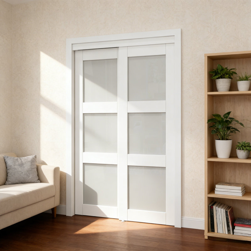 80" White MDF Frosted Glass Space-Saving Pantry Closet Sliding Door With All-Inclusive Hardware Set(Assembly Required)