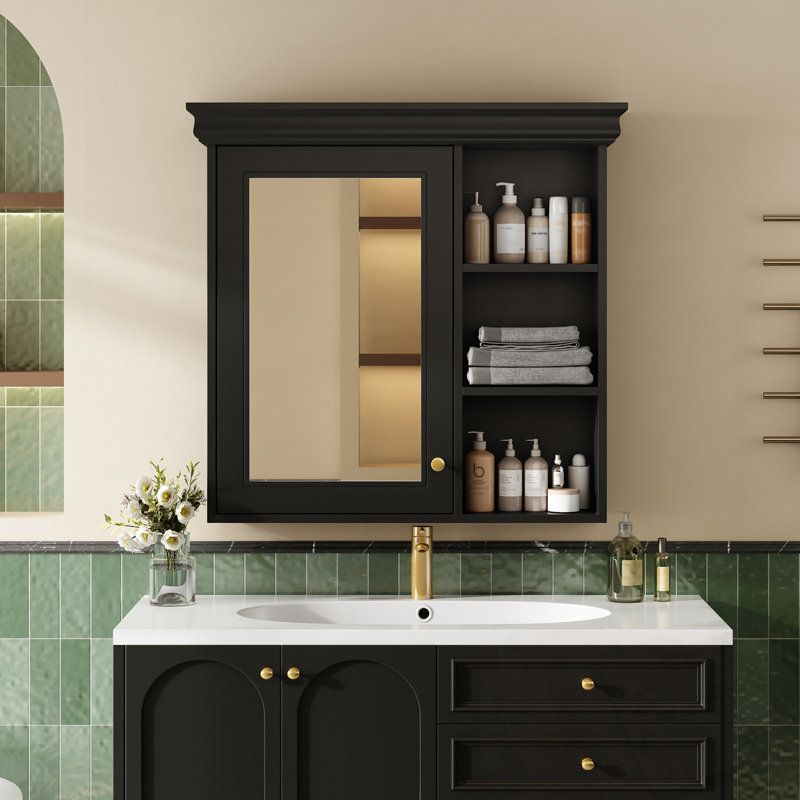 Armoire à pharmacie de salle de bain avec miroir et rangement, Noir