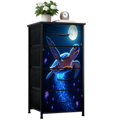 Dresser for Bedroom with 4 Storage Drawers Glowing Turtle Swimming Under Moonlight Surrounded by Jellyfish Dressers Chest of Drawers Steel Framed Fabric Closet Organizers for Dorm Entryway