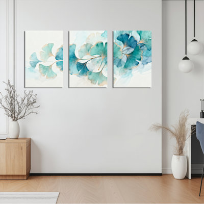 Ensemble de 3 tableaux muraux à l'aquarelle représentant des feuilles de ginkgo, parfaits pour décorer le salon, la chambre ou la maison.