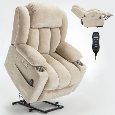Up To 350 LBS Chenille Power Lift Recliner Chair, Heavy Duty Motion Mechanism With 8-Point Vibration Massage And Lumbar Heating, USB And Type-C Ports, Stainless Steel Cup Holders
