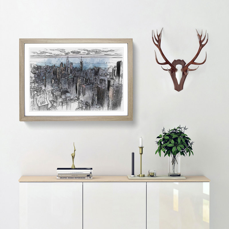 The Beauty of the Chicago Skyline in Abstract - Picture Frame Drawing Print, 36cm H x 48cm W x 2cm D, Oak Framed