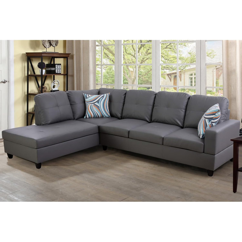 Bawan Faux Leather L-Shaped Sectional, Left Hand Facing, Gray Faux Leather