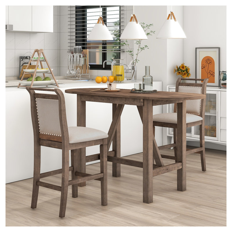 Ensemble de salle à manger à hauteur de comptoir 3 pièces avec table à abattants et chaises rembourrées, en bois d'hévéa brun Topmax