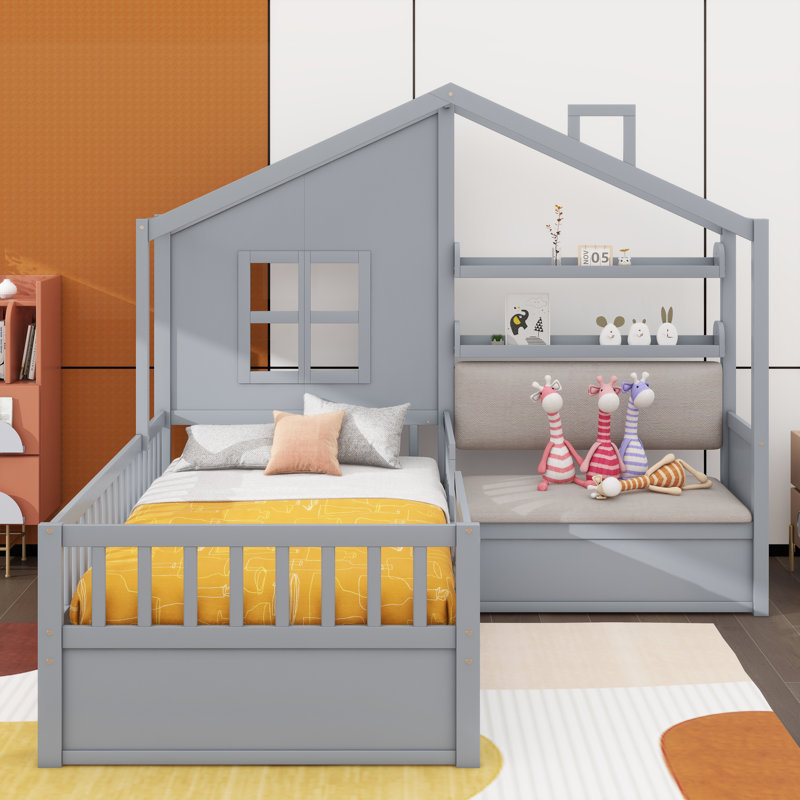 Lit simple avec canapé, lit plateforme pour enfants avec deux tiroirs et une tablette, Gris