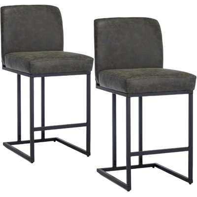 Ensemble de 2 tabourets de bar de 61 cm (24 po) de hauteur comptoir, tabourets de bar modernes en cuir PU avec dossier et pieds en métal pour îlot de cuisine, chaises de bar rembourrées, gris foncé