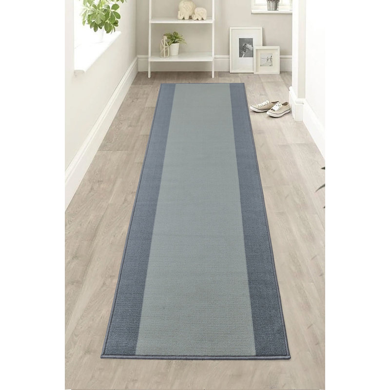 Solid Bordered Gray with Slip Resistant Backing Low Pile Rug, Runner 2'2" x 22'