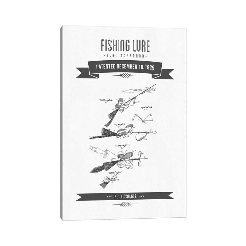 C.H. Scharrer Fishing Tackle Patent Sketch Retro (Charcoal) by Aged Pixel - Wrapped Canvas Gallery-Wrapped Canvas Giclée