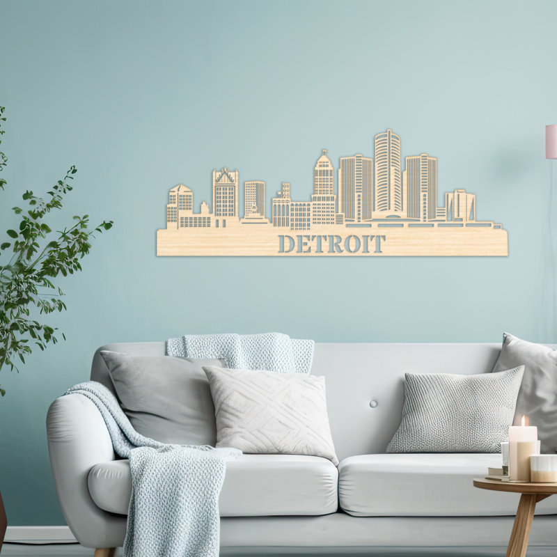 Décoration murale en bois Detroit City Skyline, 14" H x 46" W x 0.25" D, Naturel