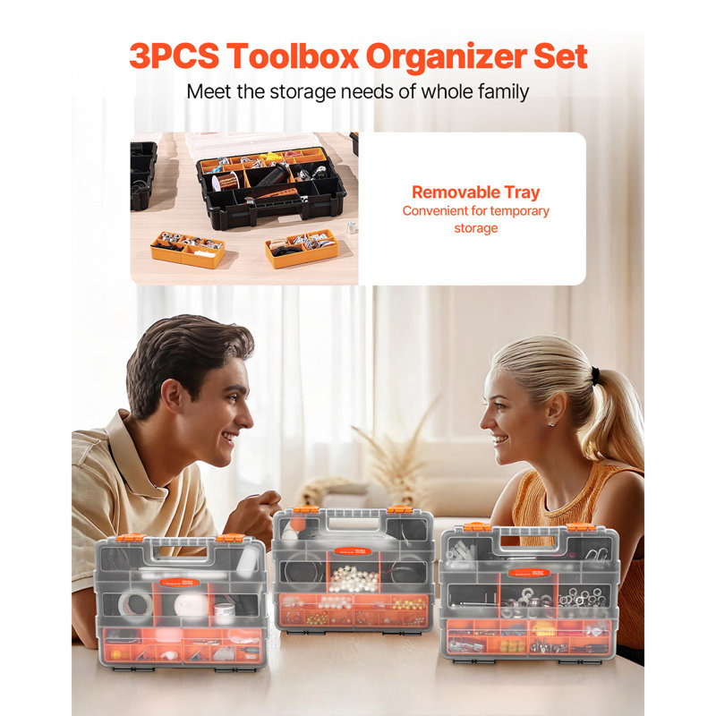 Single sided!3-Pack Small Parts Organizer 21-Compartment Organizer Box with Removable Divider