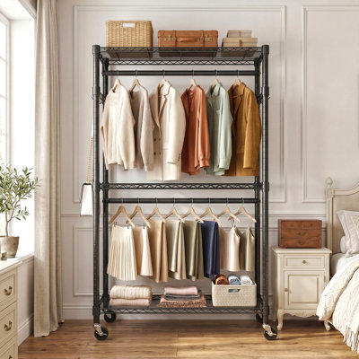 Heavy Duty Rolling Garment Rack 3 Tiers Adjustable Wire Shelving Clothes Rack with 2 Rods and Side Hooks,Storage Closet Clothing Rack with Wheels Black 15.7" D x 29.5" W x 74.5" H