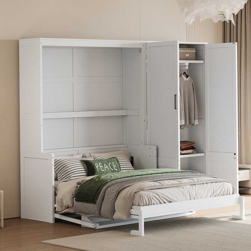 Grand lit escamotable avec placard, blanc, Blanc
