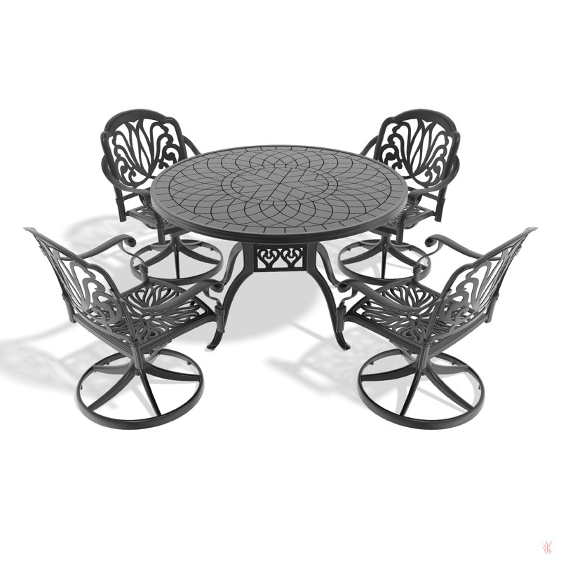 Cet ensemble de salle à manger en fonte d'aluminium toutes saisons comprend des chaises pivotantes et une table ronde avec cadre noir