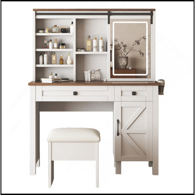 Farmhouse Makeup Vanity Desk With Sliding Mirror And Lights And Hairdryer Holder And Charging Socket   Multilayer Storage Shelves,And 2 Drawer And Big Storage Cabinet Rustic Big Vanity Set For Bedroom