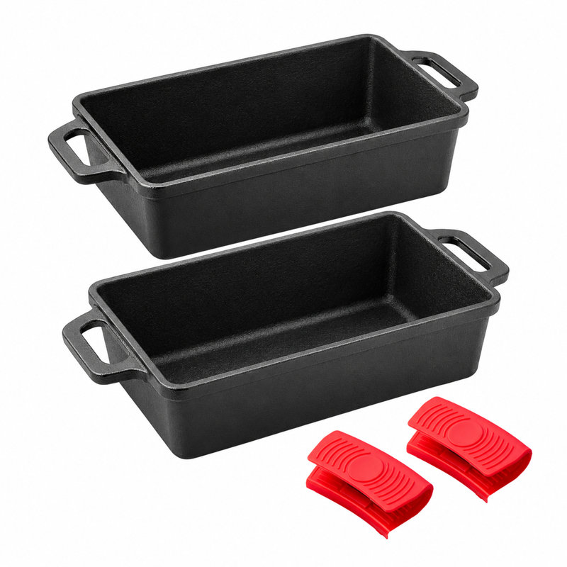 Moule à pain/plat à rôtir en fonte de 25 x 13 cm, idéal pour le pain maison, les gâteaux et les tourtes à la viande. Ensemble de deux moules à pâtisserie avec deux pinces résistantes à la chaleur.